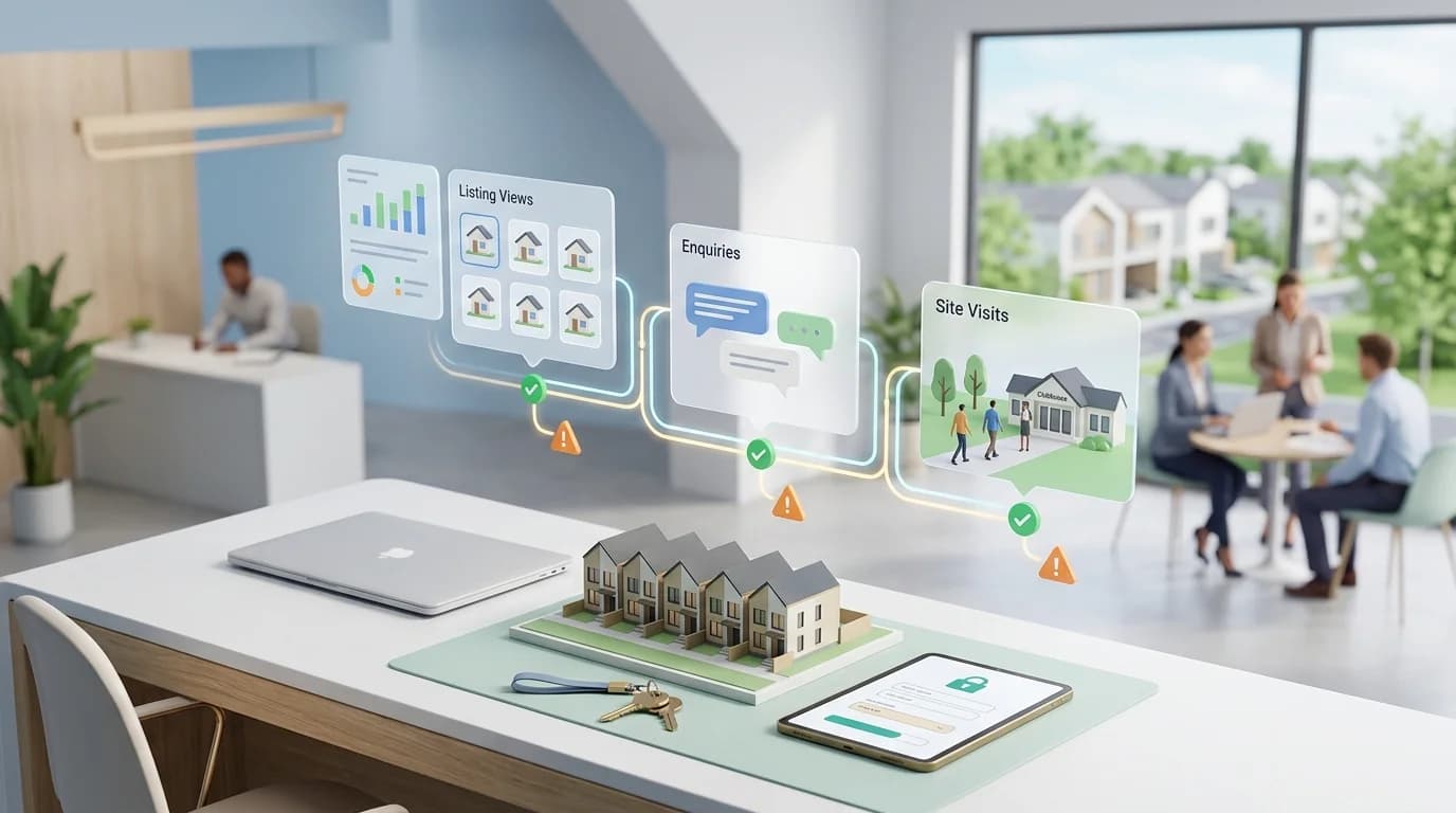 Real Estate Funnels: Listing View to Token Paid, Tracked editorial illustration